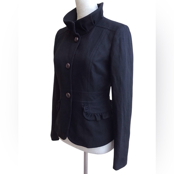 J Crew Black Wool Blend Ruffle Trim Coat Size 4 - Picture 1 of 4